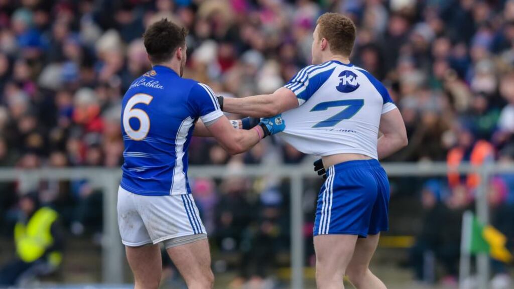 Monaghan’s Colin Walshe and Conor Moynagh of Cavan. Photograph: Tom Beary/Inpho