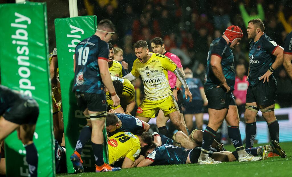 La Rochelle’s players celebrate Joel Sclavi’s winning try on the last play of the Champions Cup game against Ulster at Stade Marcel Deflandre. Photograph: James Crombie/Inpho