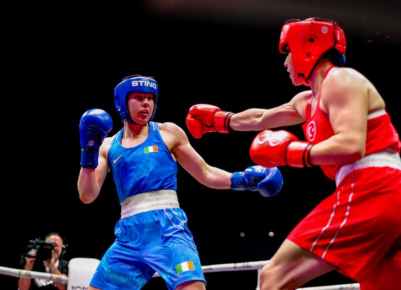 Ireland’s Aoife O’Rourke and Turkey's Busra Isildar in the World Boxing Championships in Liverpool on Sunday. Photograph: Kieran Smith/Inpho