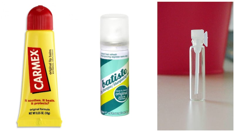 Carmex, €3.79, Boots; Batiste, €3.99 for a full-size can, Boots; perfume sample, free from your local beauty emporium