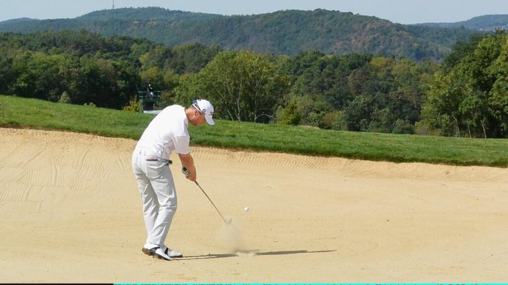 Michael Hoey of Northern Ireland plays out of a bunker on the 8th hole during day one of the D+D Real Czech Masters at Albatross Golf Resort Prague, Czech Republic. Photo: Matthew Lewis/Getty Images