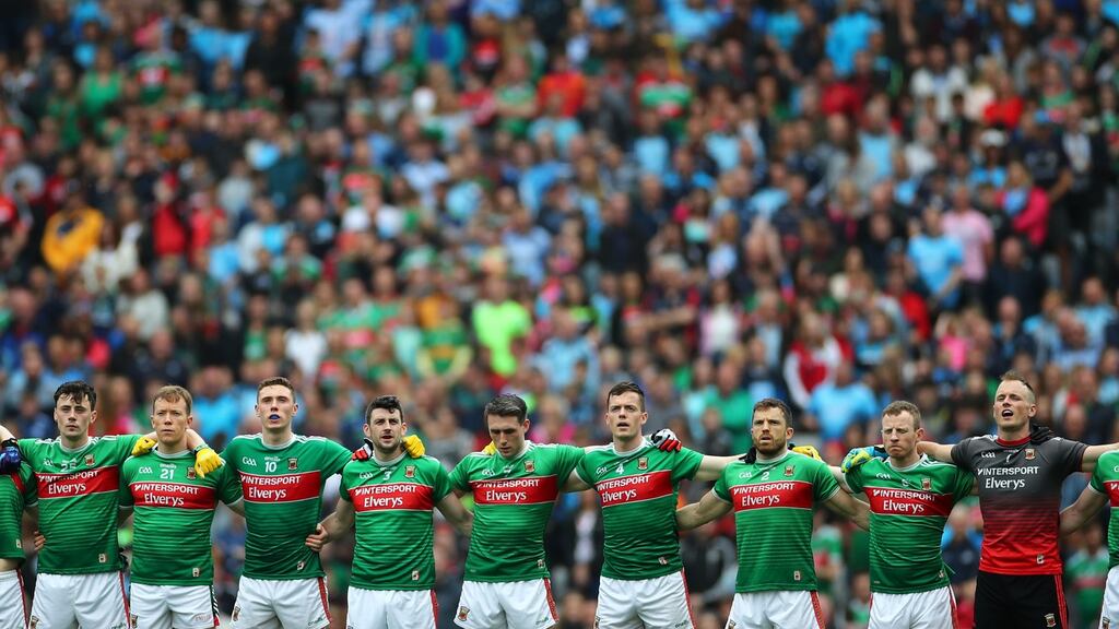 Mayo players line up for the national anthem ahead of this year’s All-Ireland SFC semi-final against Dublin at Croke Park. Photograph: James Crombie/Inpho