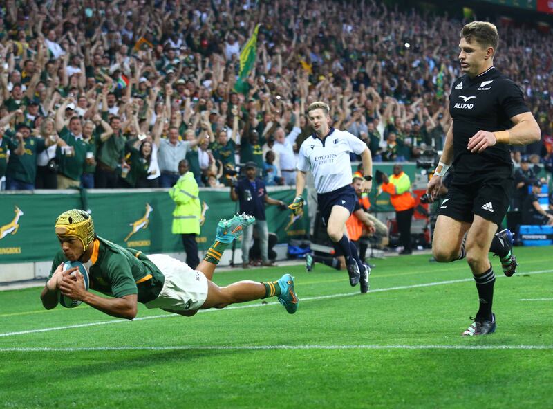 South Africa's Kurt-Lee Arendse scores a try against New Zealand during the Rugby Championships clash last August in Mbombela, South Africa. Photograph: Kim Ludbrook/EPA/EFE