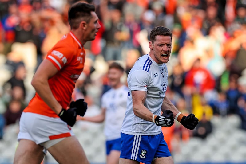 Monaghan’s Conor McManus reacts after kicking a late free against Armagh in the 2023 All-Ireland quarter-final. Photograph: James Crombie/Inpho