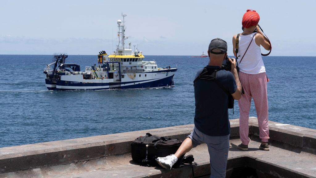 A Spanish Oceanographic Institute vessel leaves Santa Cruz de Tenerife harbour in the Canaries to continue the search for one-year-old Anna Gimeno and her father Tomás. Photograph: Miguel Barreto/EPA