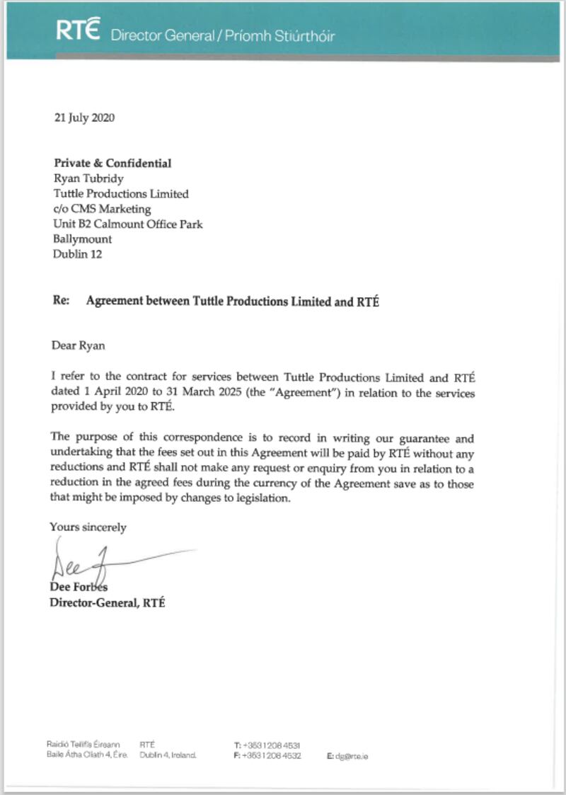 Letter from Dee Forbes to Ryan Tubridy about his fees