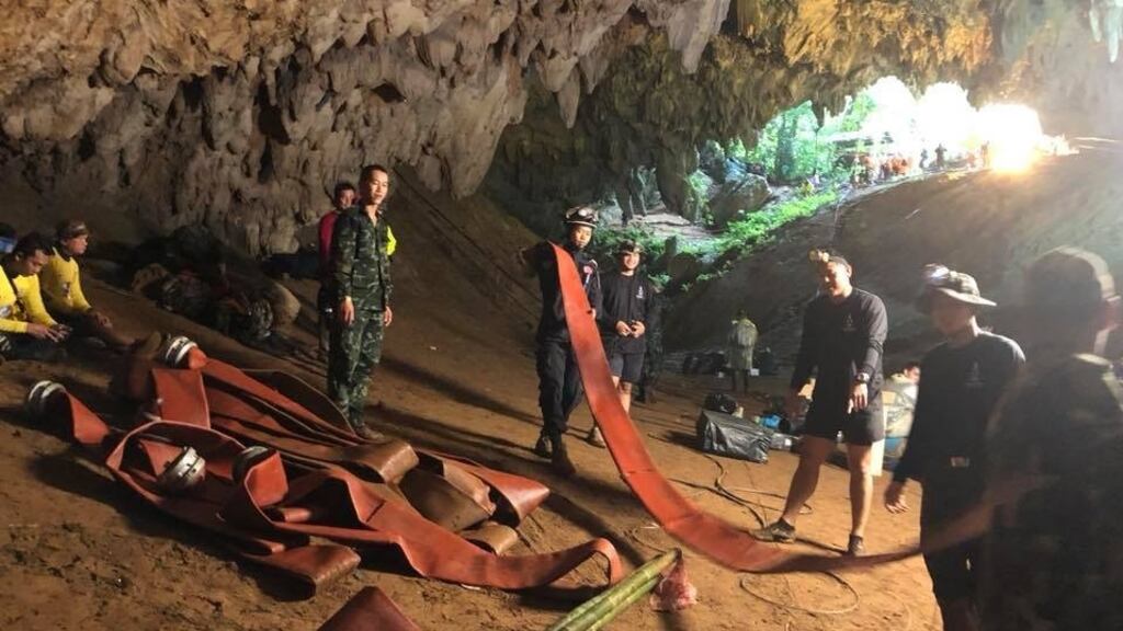 Royal Thai Navy in the Tham Luang cave during rescue operations in Chiang Rai, Thailand. Photograph: Thai Navy Seal via Getty Images