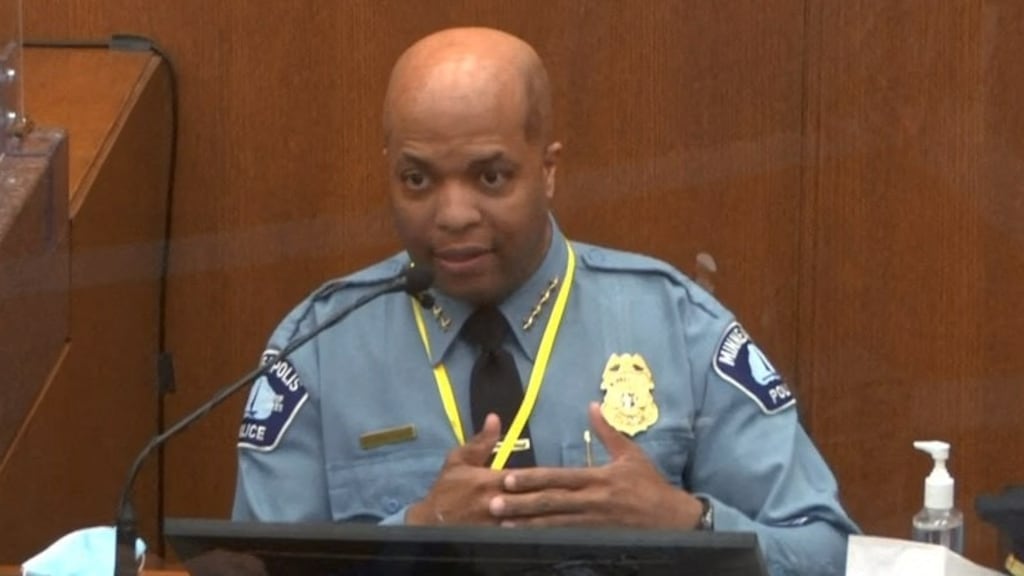 Police chief Medaria Arradondo testifying during the trial of former police officer Derek Chauvin charged in the death last May of George Floyd in Minneapolis. Photograph: STR/AFP via Getty Images