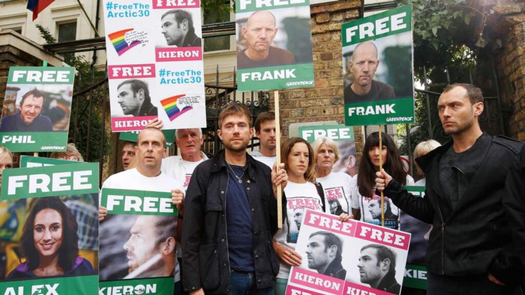 Musician Damon Albarn and actor Jude Law join other demonstrators to protest against the detention in Russia of Greenpeace activists, outside the Russian Embassy in London on October 5th. Photograph: Olivia Harris/Reuters
