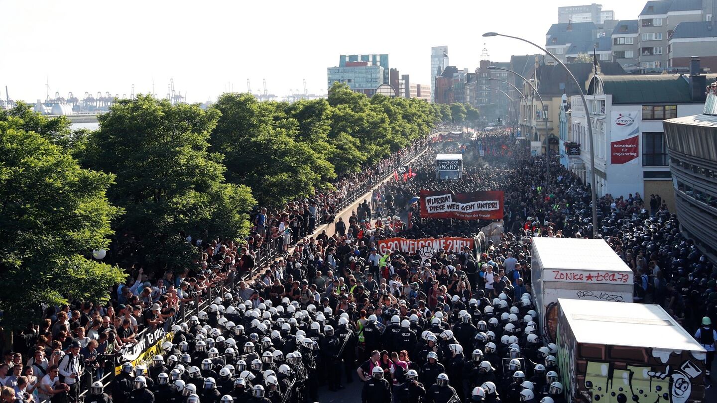 Protesters during the demonstration ‘Welcome to Hell’ at the Fish Market (fischmarkt) ahead of the G20 summit in Hamburg. Photograph: Friedemann Vogel/ EPA