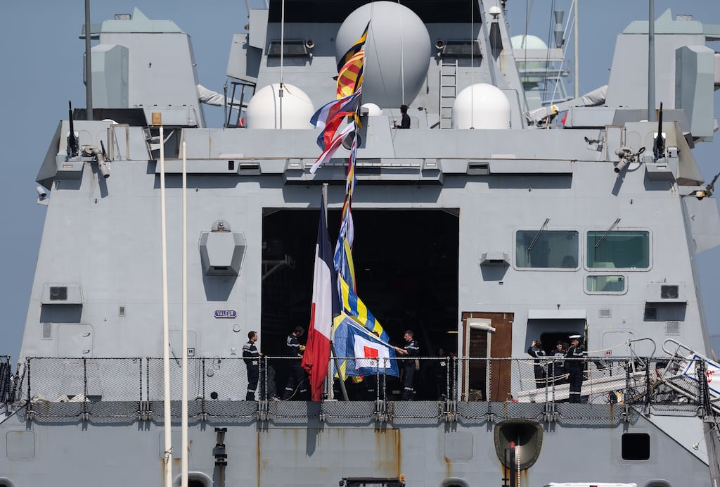 Sailors aboard French frigate FS Bretagne in May 2023. File photograph: EPA