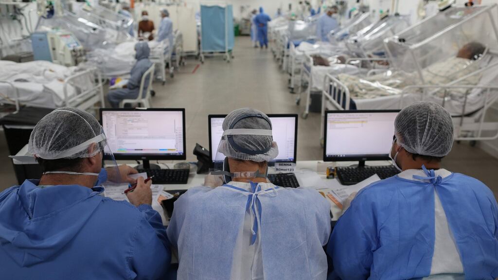 The intensive care unit treating coronavirus patients in the Gilberto Novaes Hospital in Manaus, Brazil. Brazil has seen a record number of coronavirus deaths this week. Photograph: Michael Dantas/AFP via Getty