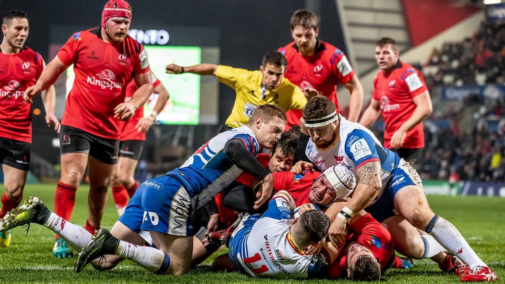 Ulster’s Rory Best gets over the line but is held up during Friday night’s Heineken Champions Cup tie against Scarlets at Kingspan Stadium, Belfast. Photograph: Inpho