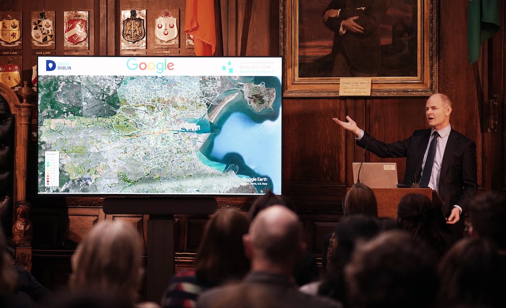 Ossian Smyth speaking at the launch of Project Air View, which monitors pollution in Dublin. Photograph: PA