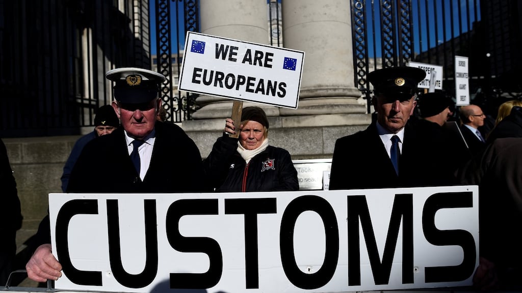 Anti-Brexit campaigners Borders Against Brexit protest outside Government Buildings in Dublin earlier this year. Photograph: Clodagh Kilcoyne/Reuters