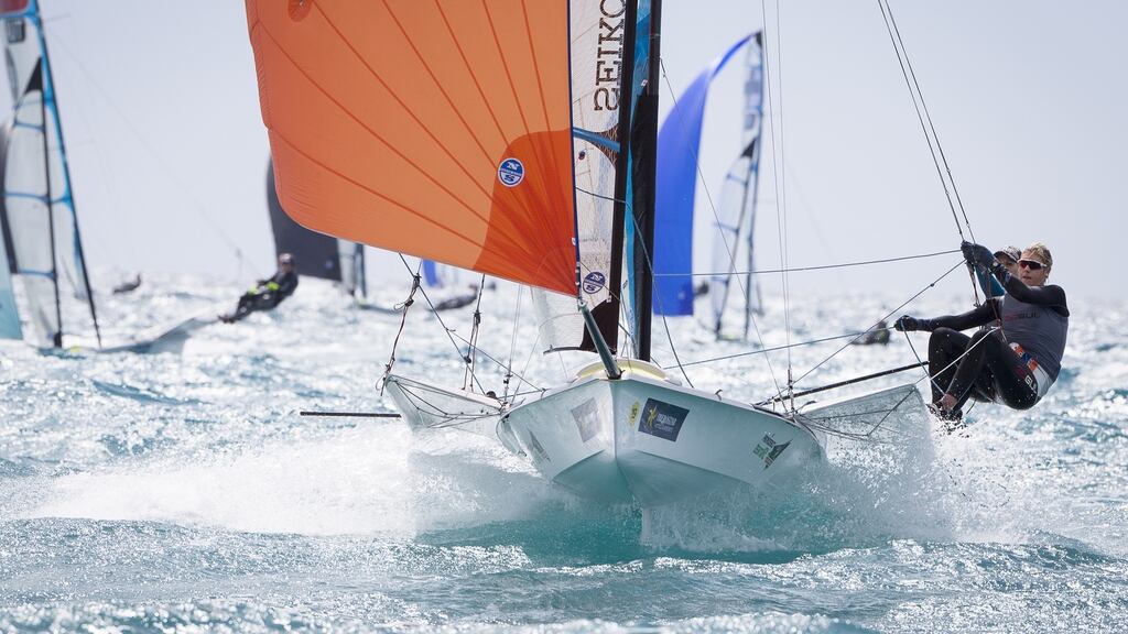 Team Providence Ireland sailors Andrea Brewster and Saskia Tidey competing in the 49erFX skiff class on the opening day of racing in the Princess Sofia Olympic classes regatta on the Bay of Palma. As a result of their performance at the world championships in November, the pair have qualified Ireland for Rio 2016. Photograph: David Branigan