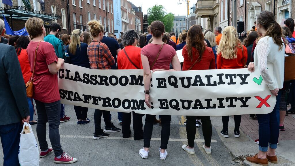INTO members attend a rally for pay equality for lower-paid teachers outside the Dáil, Kildare Street, Dublin, in December 2016. File photograph: Dara Mac Dónaill/The Irish Times