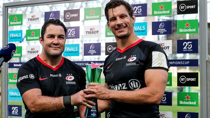 Brad Barritt with man of the match Mike Rhodes. Photograph: Dan Sheridan/Inpho