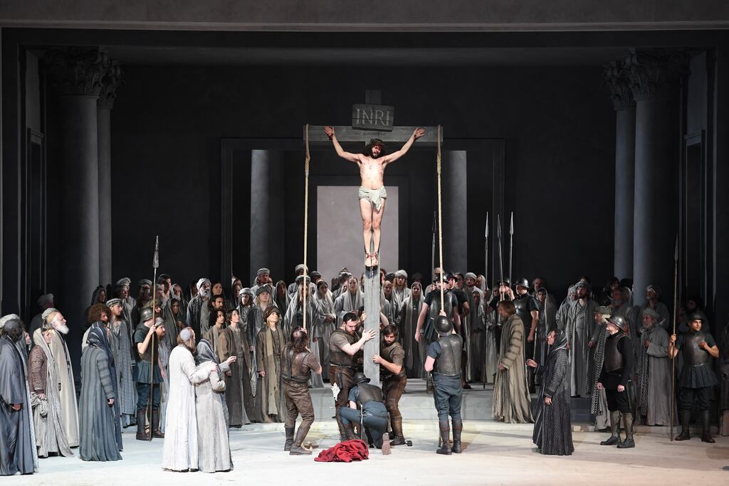 Jesus is crucified during a dress rehearsal for the 42nd Oberammergau Passion Play in May. Attendance is down this year. Photograph: Andreas Gebert/Getty