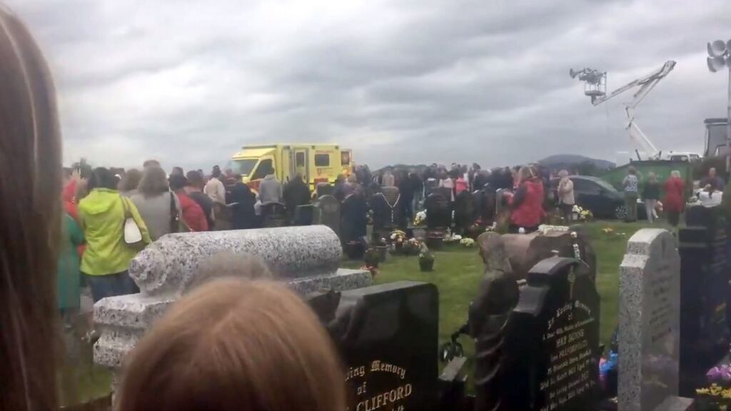 The scene in St Patrick’s cemetery, Dowdallshill in Dundalk, where several people were injured, including one seriously. Photograph: @Simonc46176551/PA Wire.