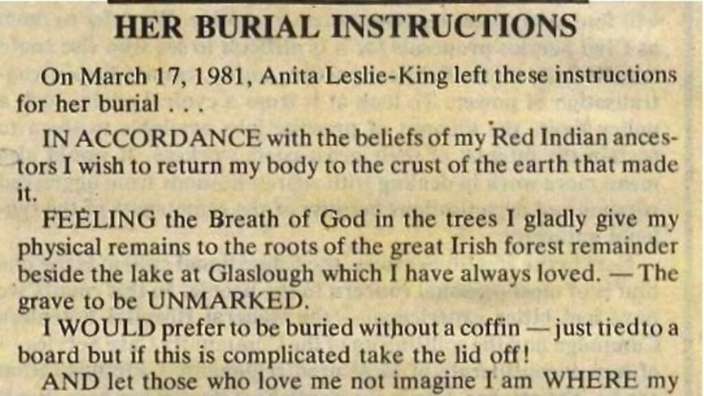 “I was struck with the reassuring beauty of her words”: Anita Leslie-King’s burial instructions
