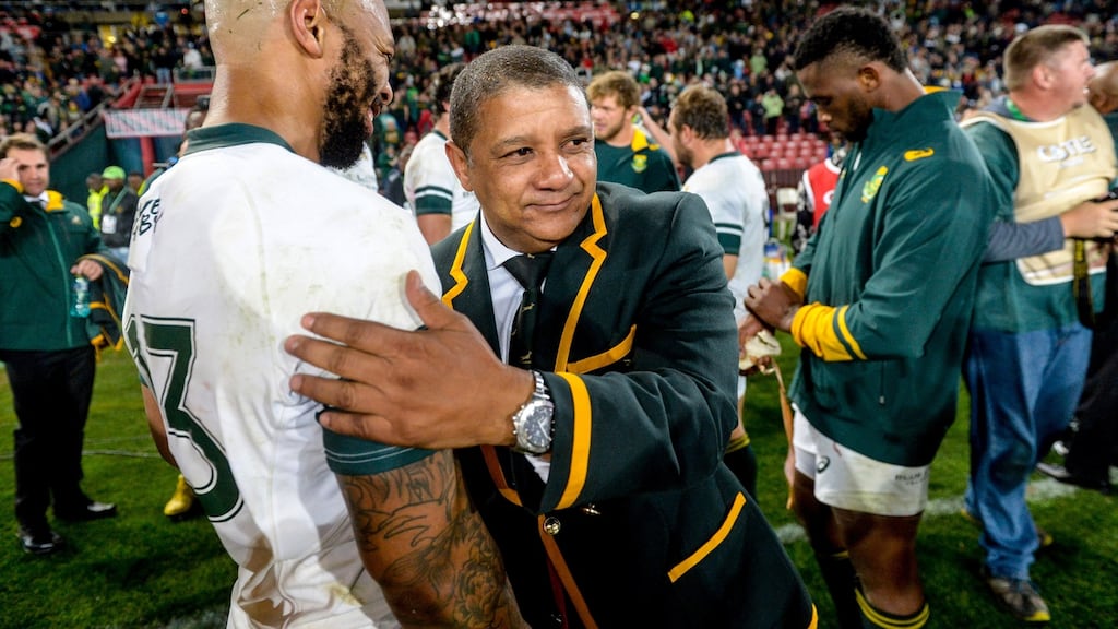 Lionel Mapoe and Springboks coach Allister Coetzee after South Africa’s second Test victory over Ireland. Photograph: Getty