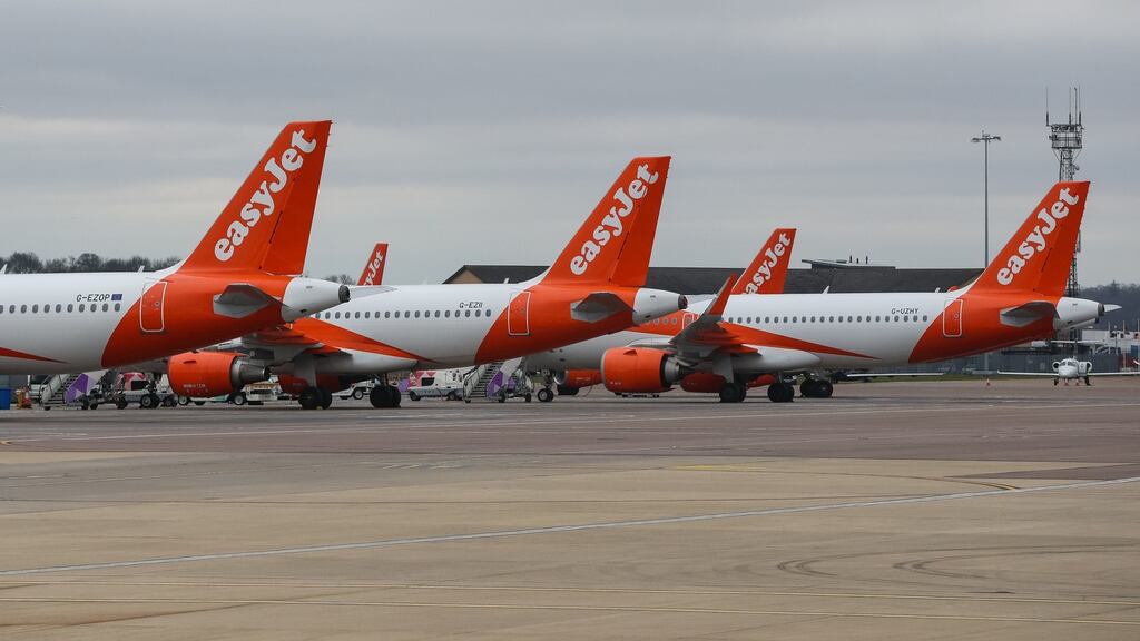 EasyJet aircraft grounded at Luton Airport on March 30th. The company’s stock rose 15 per cent on the FTSE 100 on Tuesday. Photograph: Jonathan Brady/PA.