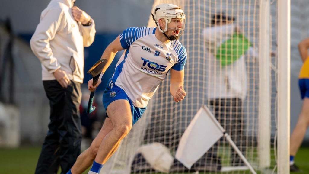 Waterford’s Dessie Hutchinson celebrates scoring his second goal against Clare during the All-Ireland quarter-final at Páirc Uí Chaoimh. Photograph: Morgan Treacy/Inpho