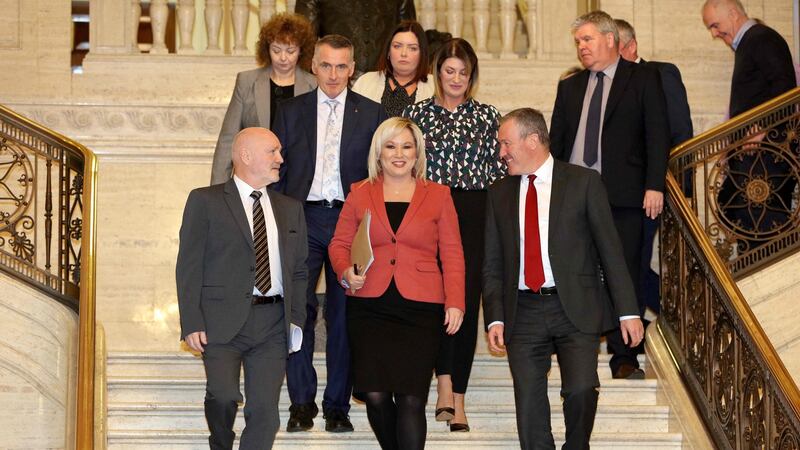 Sinn Féin Party northern leader Michelle O’Neill (C) and party colleagues at the Parliament Buildings on the Stormont Estate in Belfast. Photgraph: Paul Faith/AFP via Getty Images