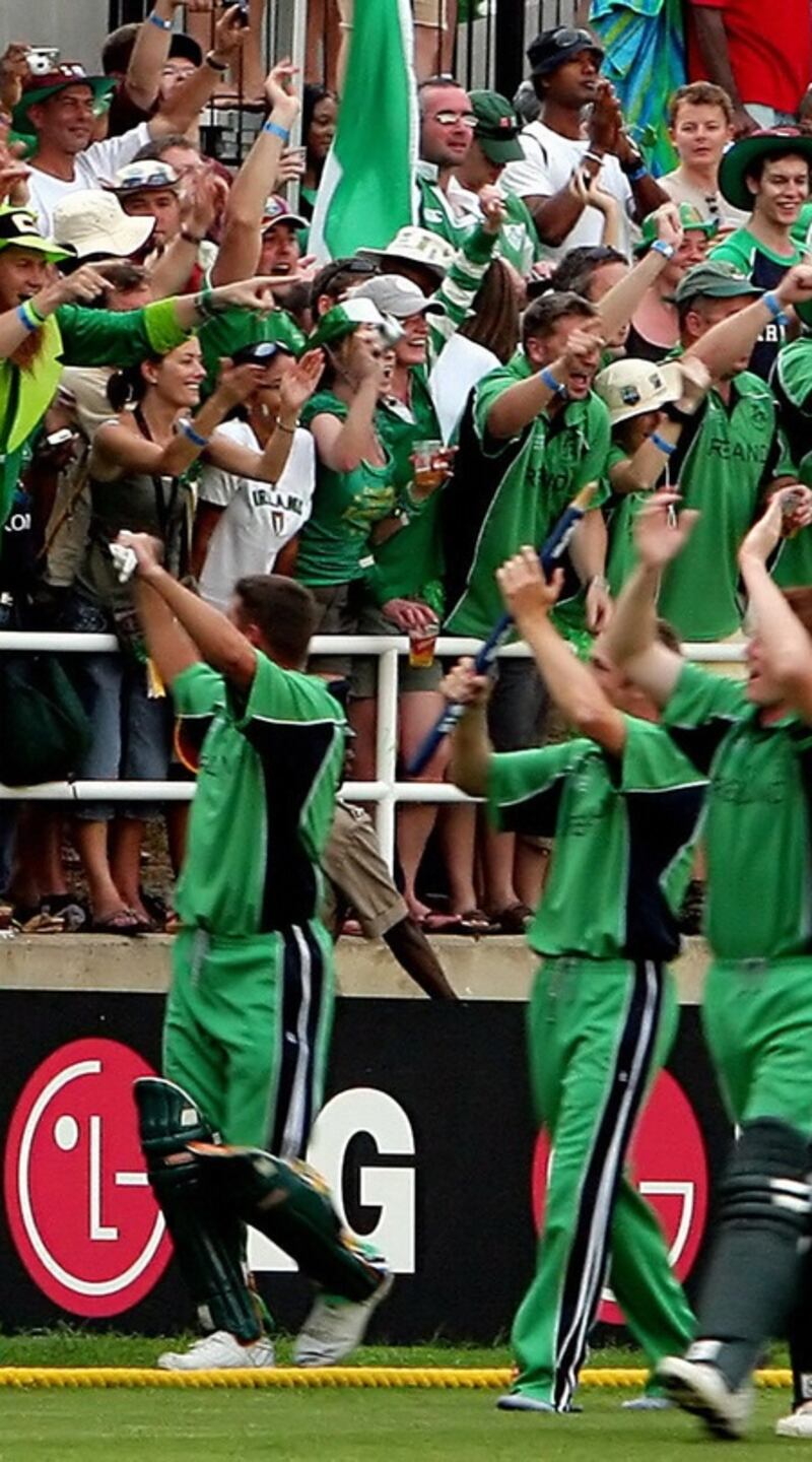 Ireland players celebrate the victory over Pakistan with supporters in the party stand after the World Cup game in 2007 at Sabina Park. Photograph: Jewel Samad/AFP via Getty Images