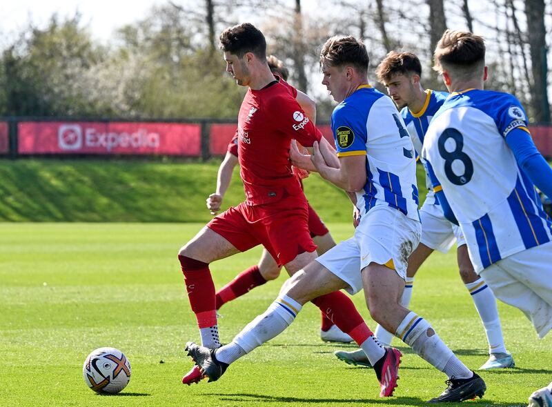 Layton Stewart of Liverpool and Leigh Kavanagh of Brighton and Hove Albion in action during the PL2 game at AXA Training Centre n Kirkby, England. Photograph: Nick Taylor/Liverpool FC/Liverpool FC via Getty Images