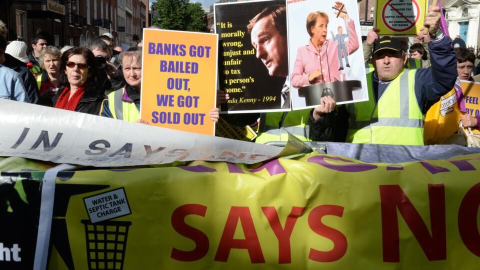 Protestors outside Leinster House today on the first day of the new Dáil term. Photograph: Dara MacDónaill/The Irish Times