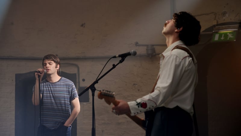 Fontaines DC’s Grian Chatten and Carlos O’Connell sing songs from their album A Hero’s Death while performing on Other Voices Courage, live music during lockdown, streaming to a worldwide audience from Kilmainham Gaol. Photograph: Alan Betson / The Irish Times
