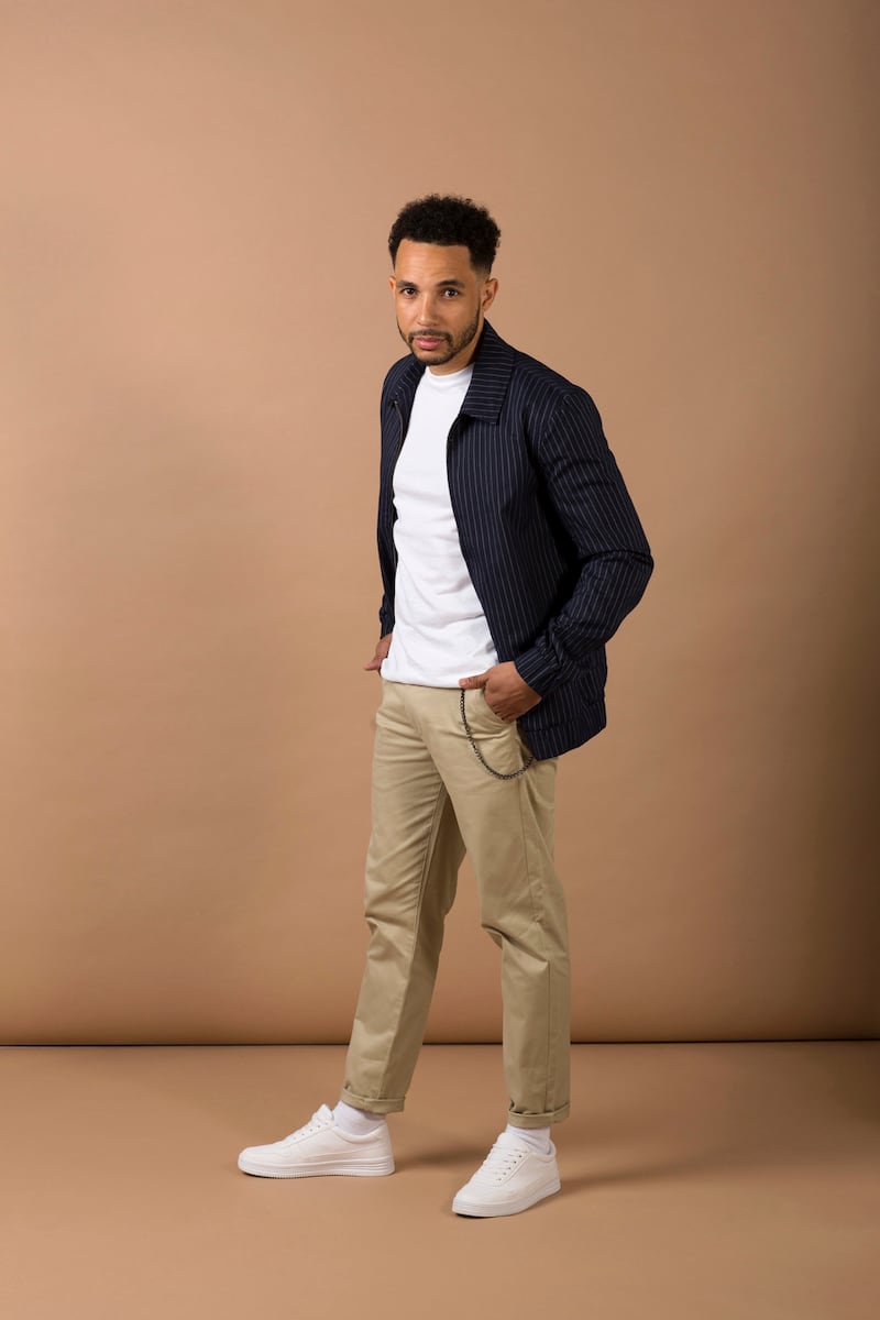 Jermaine Lapwood: jacket €25, T-shirt €4, chinos €20, trainers €18