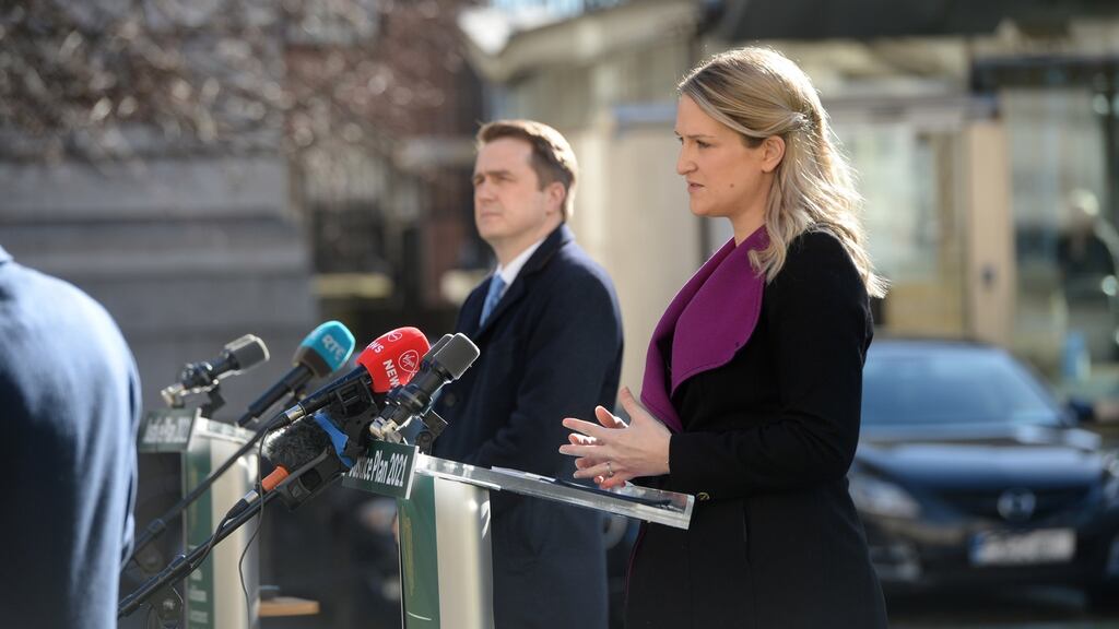 Minister for Justice Helen McEntee and Minister of State James Browne launch Action Plan 2021 at Government Buildings. Photograph: Dara Mac Dónaill/The Irish Times