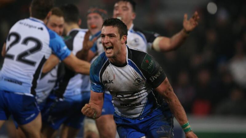 Dave McSharry celebrates at the final whistle. Photograph: Billy Stickland/Inpho