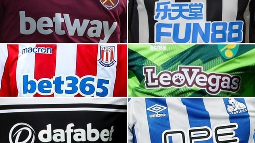 Clockwise from top left: West Ham, Newcastle, Norwich, Huddersfield, Fulham and Stoke are among the 26 teams in the top two divisions sponsored by gambling firms. Composite: Clubs/Rex/Shutterstock/Getty Images