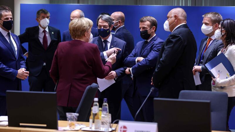 Bulgaria’s prime minister Boyko Borisov (right), France’s president Emmanuel Macron, Cypriot president of the Republic Nicos Anastasiades and German chancellor Angela Merkel at the  EU summit in Brussels. Photograph: Kenzo Tribouillard/AFP via Getty Images