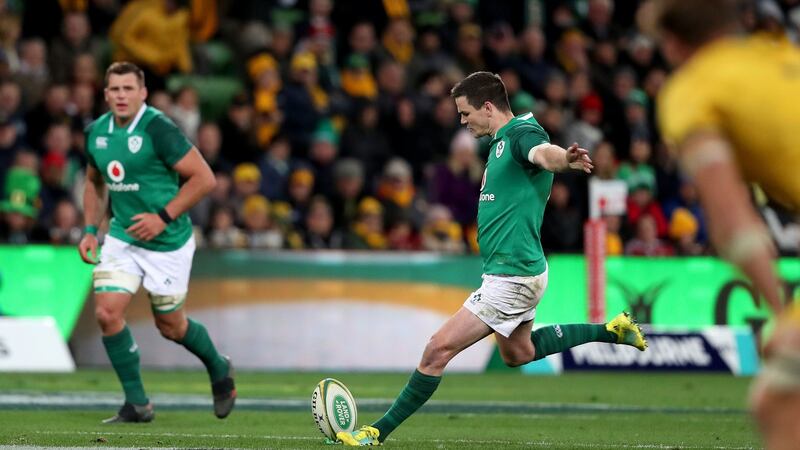 Johnny Sexton kicks one of four penalties in Melbourne. Photograph: Dan Sheridan/Inpho