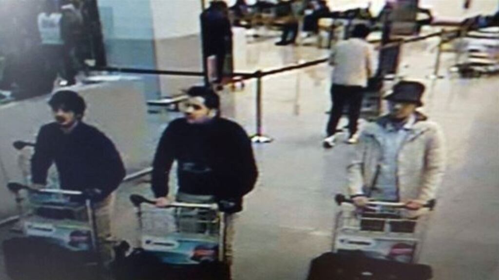A CCTV screengrab released on March 22nd by the belgian federal police shows suspects of the attacks at Brussels Airport in Zaventem. Photograph: Belgian Federal Police/AFP/Getty Images