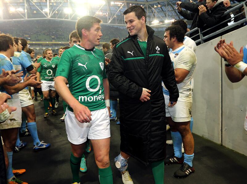 Ronan O'Gara with Johnny Sexton: the two outstanding outhalves enjoyed long careers in the Ireland No 10 shirt. Photograph: Lorraine O'Sullivan/Inpho