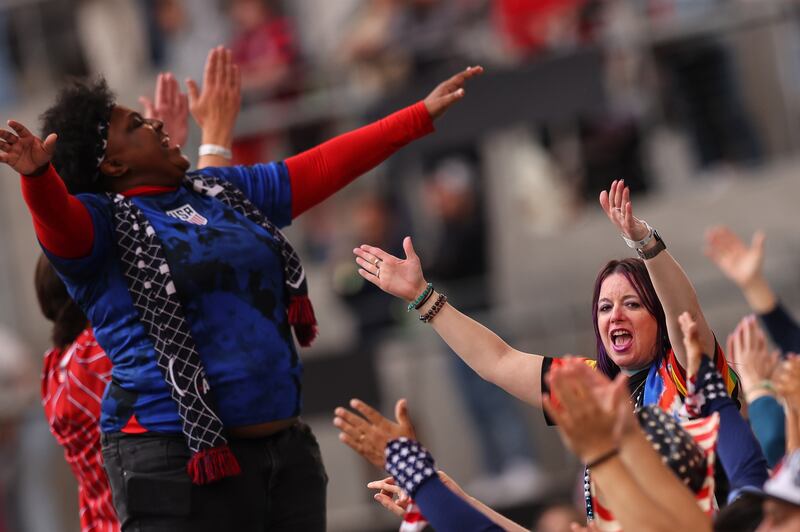 USA fans show their enthusiasm during the USA v Republic of Ireland women's International friendly at the Q2 Stadium, Austin, Texas. Photograph: Ryan Byrne/Inpho