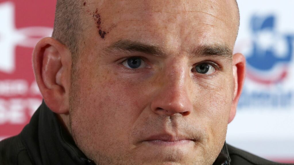 Australian rugby captain Stephen Moore attends a press conference at the Principality stadium in Cardiff on on the eve of their international match against Wales. Photograph: Geoff Caddick/AFP/Getty Images