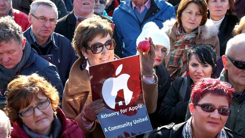 Some of the 2,000 people who marched in Athenry on Sunday in support of Apple’s data centre project. Photograph: Joe O’Shaughnessy