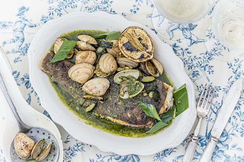 Pan fried plaice with wild garlic, clams and courgette
