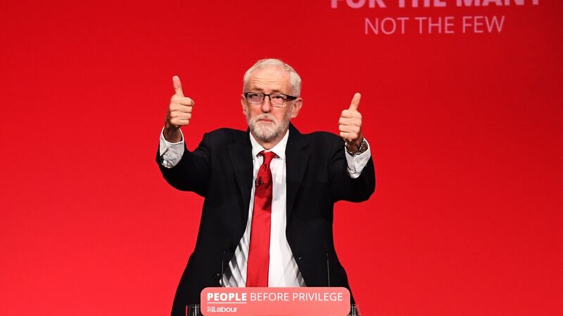 Labour leader Jeremy Corbyn addresses his party’s conference in Brighton, England, on Tuesday. Photograph: Leon Neal/Getty Images