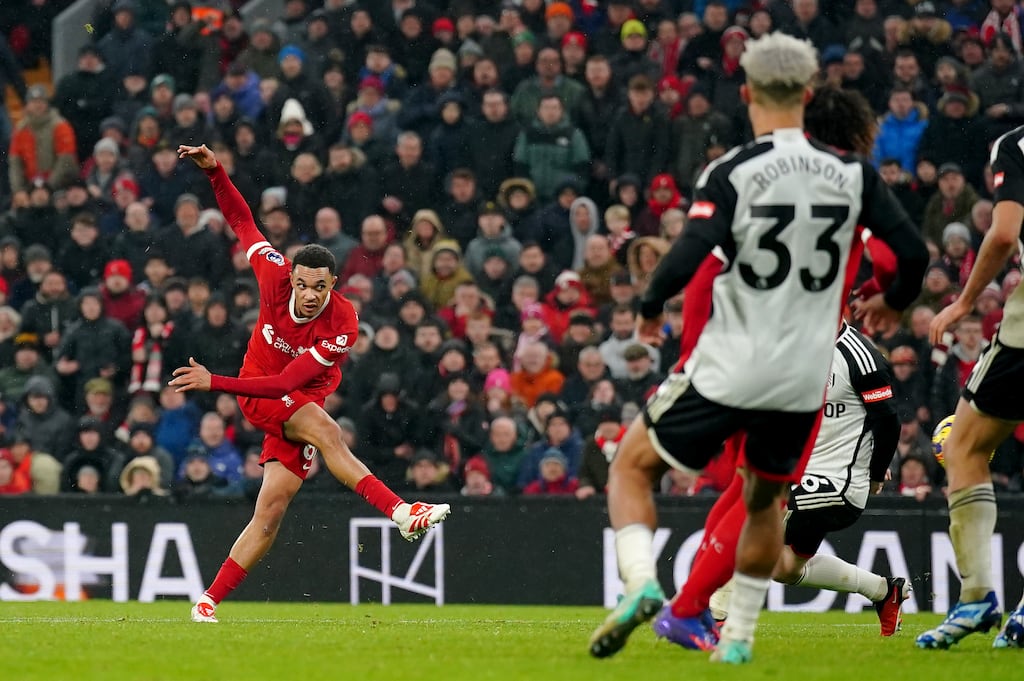 Liverpool's Trent Alexander-Arnold scores his side's late winner in the dramatic 4-3 victory over Fulham at Anfield. Photograph: Peter Byrne/PA Wire