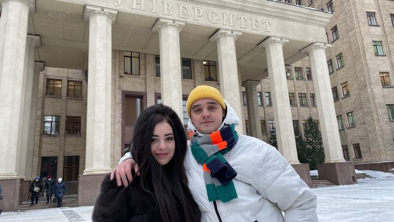 Ukrainian students Alina Pavlenko and Filipp Petrov outside the National University in Kharkiv, 35km from the border with Russia. Photograph: Daniel McLaughlin