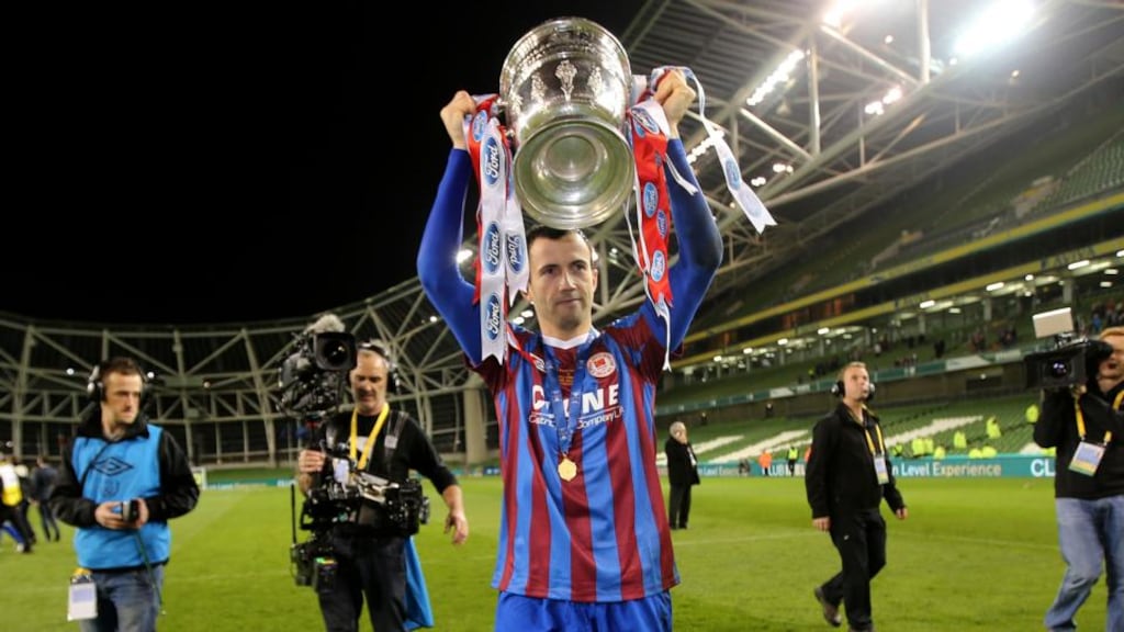 Keith Fahey, seen here celebrating St Patrick’s Athletic’s FAI Cup win at the start of November, has signed with Shamrock Rovers for the 2015 season. Photograph: Ryan Byrne/Inpho