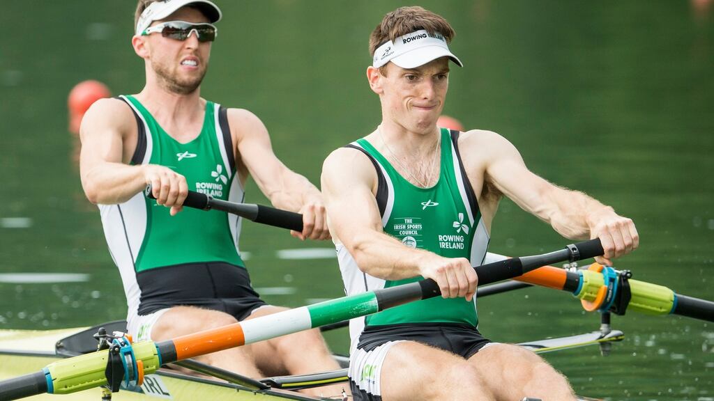 Mark O’Donovan and Shane O’Driscoll won the men’s pairs on day two of the Irish Rowing Championships. Photo: EPA